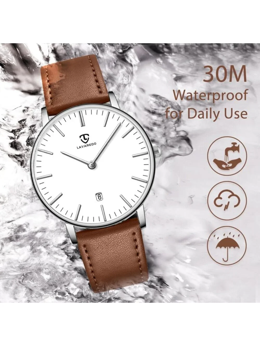 Mens White Dial Brown Leather Strap Analog Minimalist Fashion Simple Wrist Watch